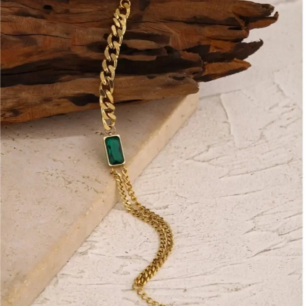 Emerald Green Gold Zircon Matching Chain Link Necklace Bracelet Earrings Set